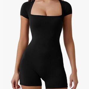Women's Black Square Neck Short Sleeve Bodysuit Romper